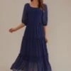 Blue 3/4 Sleeve Square Neck Smocked Tiered Maxi Dress 1 Blue 3/4 Sleeve Square Neck Smocked Tiered Maxi Dress -Saucony Store brld22070608 1
