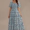 Blue Floral Short Sleeve Square Neck Smocked Tiered Maxi Dress -Saucony Store brld22071405 1