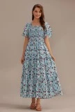 Blue Floral Short Sleeve Square Neck Smocked Tiered Maxi Dress