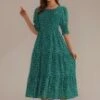 Green Floral Short Sleeve Round Neck Smocked Tiered Midi Dress -Saucony Store brld22072804 1