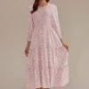 Pink Floral 3/4 Sleeve Round Neck Smocked Tiered Midi Dress 2 Pink Floral 3/4 Sleeve Round Neck Smocked Tiered Midi Dress -Saucony Store brld22080401 1