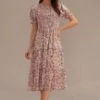 Pink Floral Short Sleeve Round Neck Smocked Tiered Midi Dress -Saucony Store brld22080402 1