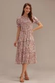Pink Floral Short Sleeve Round Neck Smocked Tiered Midi Dress