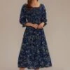Teal Floral 3/4 Sleeve Square Neck Smocked Tiered Midi Dress -Saucony Store brld22082502 1