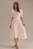 Ivory Short Sleeve V Neck Elastic Waist Split Ruffle Midi Dress