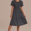 Black Short Sleeve Round Neck Smocked Midi Dress -Saucony Store brld22090802 1