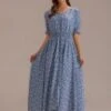 Blue Floral Short Elastic Ruffle Sleeve V Neck Maxi Dress -Saucony Store brld22092710 1