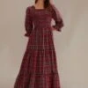 Red Plaid 3/4 Sleeve Square Neck Smocked Tiered Maxi Dress -Saucony Store brld22100605 4