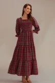 Red Plaid 3/4 Sleeve Square Neck Smocked Tiered Maxi Dress
