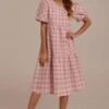 Pink Plaid Short Sleeve Round Neck Midi Dress -Saucony Store brld23062001 1