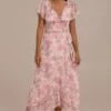 Pink Floral Short Sleeve Cross V Neck Irregular Maxi Dress -Saucony Store brld23062006 1
