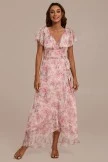 Pink Floral Short Sleeve Cross V Neck Irregular Maxi Dress