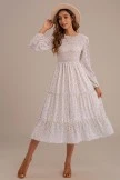 Polka Dot Print Long Sleeve Round Neck Tiered Midi Dress