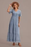 Short Sleeve Scoop Neck Buttons Smocked Tiered Maxi Dress