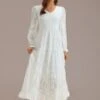 White Textured Floral Long Sleeve V Neck Smocked Tiered Maxi Dress -Saucony Store brld3022302 1