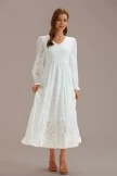 White Textured Floral Long Sleeve V Neck Smocked Tiered Maxi Dress