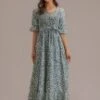 Olive Floral Half Sleeve V Neck Smocked Tie Waist Maxi Dress With Pockets -Saucony Store brld3030201 1