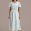 Multi Floral Short Sleeve Round Neck Elastic Waist Midi Dress -Saucony Store brld3030203 1