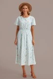 Multi Floral Short Sleeve Round Neck Elastic Waist Midi Dress