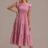 Short Ruffle Sleeve Round Neck Smocked Tiered Midi Dress -Saucony Store brld3030903 1