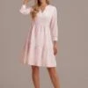 Pink Floral V Neck Long Sleeve Tiered Midi Dress -Saucony Store brld3032304 5