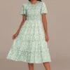 Light Green Floral Round Neck Short Sleeve Smocked Tiered Midi Dress -Saucony Store brld3033004 1