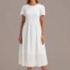 White Short Sleeve Round Neck Smocked Midi Dress 2 White Short Sleeve Round Neck Smocked Midi Dress -Saucony Store brld3042004 1