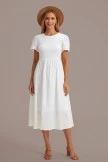White Short Sleeve Round Neck Smocked Midi Dress