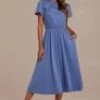 Blue Short Sleeve Ruffle Neck Elastic Waist Midi Dress -Saucony Store brld3050401 1