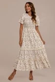 Floral Round Neck Short Sleeve Smocked Tiered Midi Dress