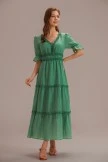 Green Half Ruffle Sleeve V Neck Tiered Maxi Dress