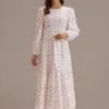 Ivory Floral Long Sleeve Round Neck Smocked Tiered Maxi Dress -Saucony Store brld305077 1