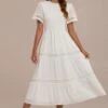White Short Sleeve Ruffle Neck Smocked Tiered Maxi Dress -Saucony Store brld3051802 1
