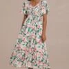 Floral Short Sleeve V Neck Smocked Midi Dress -Saucony Store brld3051805 1