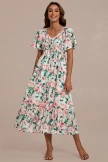 Floral Short Sleeve V Neck Smocked Midi Dress