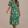 Green Floral Short Sleeve Round Neck Midi Dress -Saucony Store brld3052503 1