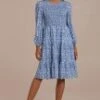 Blue Floral Long Sleeve Round Neck Smocked Midi Dress 2 Blue Floral Long Sleeve Round Neck Smocked Midi Dress -Saucony Store brld3060101 1