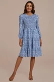 Blue Floral Long Sleeve Round Neck Smocked Midi Dress