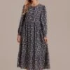 Floral Long Sleeve Round Neck Button Front Tiered Midi Dress -Saucony Store brld3060102 1
