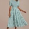 Floral Short Sleeve High Neck Smocked Midi Dress 1 Floral Short Sleeve High Neck Smocked Midi Dress -Saucony Store brld3060103 1