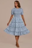Blue Floral Short Sleeve High Ruffle Neck Smocked Tiered Midi Dress