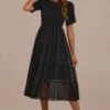 Black Short Sleeve High Ruffle Neck Swiss Dots Lace Smocked Midi Dress 1 Black Short Sleeve High Ruffle Neck Swiss Dots Lace Smocked Midi Dress -Saucony Store brld3060106 3