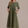 Green 3/4 Length Balloon Sleeve Round Neck Pocketed Midi Dress -Saucony Store brld3070704 1