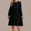 Black Long Sleeve Round Neck Midi Dress -Saucony Store brld3071302 1