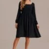 Black Long Sleeve Square Neck Smocked Midi Dress 1 Black Long Sleeve Square Neck Smocked Midi Dress -Saucony Store brld3072701 1