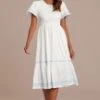 White Embroidery Short Ruffle Sleeve Round Neck Smocked Midi Dress -Saucony Store brld3101202 1 1
