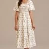 Ivory Floral Lace Short Sleeve Square Neck Smocked Midi Dress -Saucony Store brld3101203 1