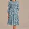 Black Floral 3/4 Sleeve Round Neck Smocked Tiered Midi Dress -Saucony Store brld3101204 1