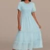 Blue Short Sleeve Round Neck Smocked Tiered Midi Dress -Saucony Store brld3101208 1