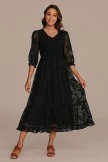 Black 3/4 Length Sleeve V Neck Smocked Midi Dress